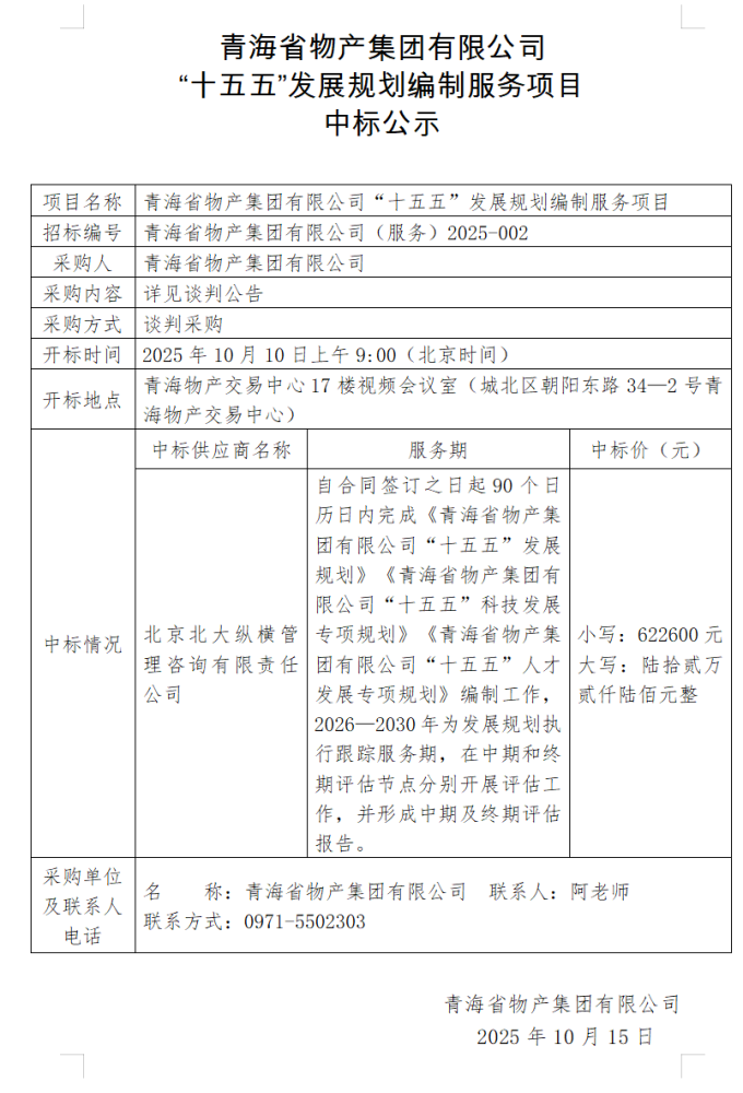 青海省物產(chǎn)集團有限公司 “十五五”發(fā)展規(guī)劃編制服務項目 中標公示
